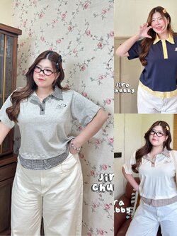 J180 เสื้อโปโล สาวอวบ ตัวเสื้อแต่งสก็อต ผ้ายืดได้เยอะ เทา น้ำเงิน ครีม อก50นิ้ว หน้าผ้า52นิ้ว