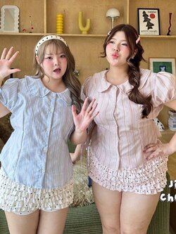 J178 เสื้อ สาวอวบ คอบัว แขนตุ๊กตาแต่งเชื้อกผูก ชมพู ฟ้า อกได้ถึง48 นิ้ว