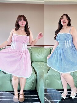 J116 เดรส สาวอวบ ลายสก็อต แต่งขอบลูกไม้ ชมพู ฟ้า อกได้ถึง48นิ้ว หน้าผ้า50นิ้ว