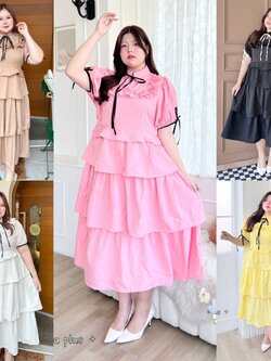 A153 แม็กซี่เดรส สาวอวบ คอแต่งโบว์ ชายกระโปรงซ้อนชั้น ชมพู เหลือง น้ำตาล ขาว ดำ อก 40-50นิ้ว