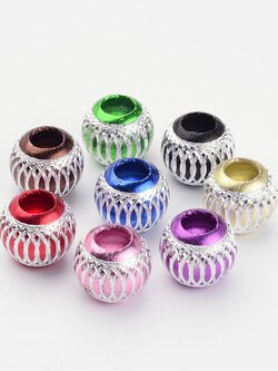 ลูกปัดยุโรปรูใหญ่อลูมิเนียมแกะลายสีเงินเม็ดกลม ขนาด 13mm รู 5.5mm คละสีแบบสุ่ม 20 เม็ด