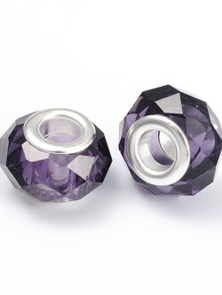 ลูกปัดแก้วยุโรปรูใหญ่ขอบตัด แกนเงินนิกเกิ้ลขนาด 14x8mm สีม่วง 10 เม็ด