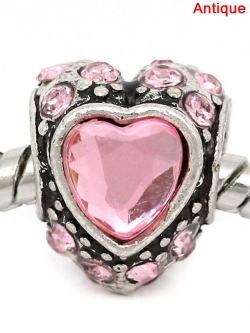 ลูกปัดเงินยุโรป antique รูใหญ่รูปหัวใจ ประดับพลอย Rhinestone สีชมพ ขนาด 12x10mm รู 5mm 1 เม็ด