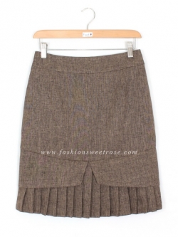 SK-427 กระโปรงแฟชั่น&ทำงาน ทรงสอบ ผ้าคอตต้อนลินินไอริส สีน้ำตาล ชายกระโปรงจับจีบรอบตัว