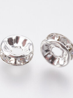 ลูกปัด spacer โลหะทองเหลืองสีเงินชนิดกลมแบนประดับพลอย Rhinestone 8mm แพ็ค 20 เม็ด