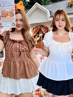 J149 เสื้อสาวอวบ แขนตุ๊กตา หรือจะใส่เปิดไหล่ก็ได้ แต่งผูกโบว์ด้านหน้า ชายระบาย ขาว น้ำตาล อก 40-50 นิ้ว