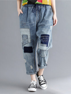 JPNT-010 กางเกงยีนส์ขายาว 5 ส่วน แต่งเซอร์ๆๆปะด้วยผ้าลายสวยงาม เอวยางยืด เนื้อผ้านิ่มไม่หนา