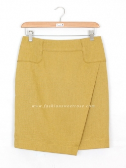 กระโปรงแฟชั่น&ทำงาน กระโปรงทรงสอบผ้าคอตต้อนลินินไอริสสีเหลืองมาสตาส ด้านหน้ากระโปรงดีไซน์ตัดต่อดูเรียบหรู / SK-428