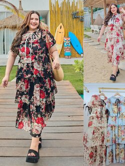 A218 แม็กซี่เดรส สาวอวบ งานกระโปรงซ้อนชั้น ลายดอกกุหลาบ ออฟไวท์ ดำ ฟ้า อกได้ถึง40-50นิ้ว หน้าผ้า52นิ้ว