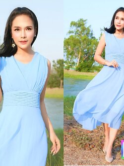 เดรส ผ้าชีฟอง สีฟ้า