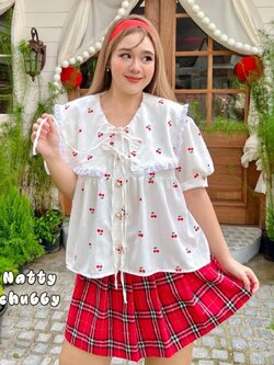 J101 เสื้อ สาวอวบ คอปกแต่งลูกไม้ ผ้าพิมพ์ลายเชอรี่ อกได้ถึง 50 นิ้ว (หน้าผ้า52นิ้ว)