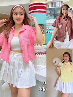 J056 เสื้อครอปคอปก แต่งกระดุมเดซี่ อกได้ถึง 48นิ้ว หน้าผ้า50นิ้ว