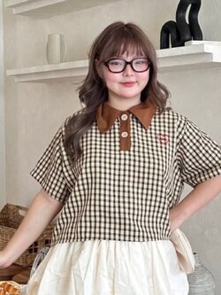 J074 เสื้อเชิ้ตครอป สาวอวบ ลายสก็อต แต่งปกตัดสี