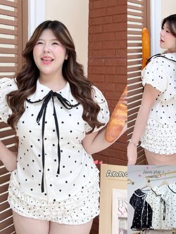A227 เสื้อ สาวอวบ คอบัว แขนตุ๊กตา ขาว ดำ ครีม อก 40-50นิ้ว