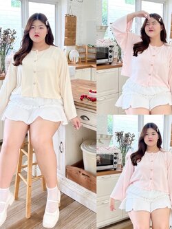 J053 เสื้อแขนยาว ผ้าร่องไหมพรม แต่งกระดุมโบว์ อกหน้าผ้า52" ผ้านิ่ม ยืดได้เยอะ