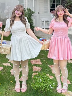 J097 เดรสสาวอวบ กระโปรงทรงบอลลูน อกได้ถึง 48นิ้ว หน้าผ้า50นิ้ว ขาว ชมพูนม อก 48-48