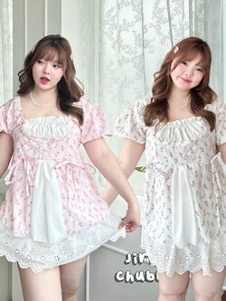 J121 เสื้อสาวอวบ แขนตุ๊กตา ลายดอกทิวลิป สีหวาน อกได้ถึง50นิ้ว หน้าผ้า52นิ้ว ขาว ชมพู อก 40-50นิ้ว