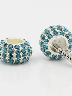 ลูกปัดอัลลอยด์รูใหญ่ ประดับหินแก้วRhinestone สีฟ้าอมเขียว ขนาด 14.5x9mm, 1 เม็ด