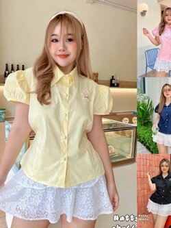 J162 เสื้อคอปก สาวอวบ แขนตุ๊กตา เหลือง ชมพู กรมท่า ดำ อก38-50นิ้ว หน้าผ้า52นิ้ว