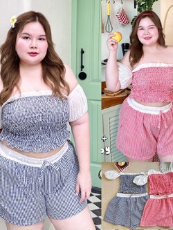 J023 ชุดเซ็ท สาวอวบ เสื้อเกาะอก มาพร้อมกางเกงขาสั้น อกได้ถึง48นิ้ว