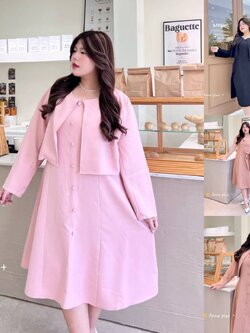 A212 เดรสสาวอวบ เซ็ท2ชิ้น เดรสมาพร้อมเสื้อคลุม ผ้าบาร์บี้ อกได้ถึง50นิ้ว หน้าผ้า52นิ้ว ดำ ชมพู น้ำตาล อก40-50นิ้ว