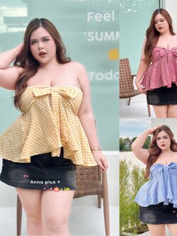 A248 เสื้อเกาะอก สาวอวบ ลายสก็อต แต่งโบว์ช่วงอก อก50นิ้ว หน้าผ้า52นิ้ว แดง ฟ้า เหลือง 40-อก50นิ้ว หน้าผ้า52นิ้ว