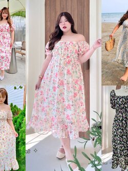 A206 เดรสสาวอวบ ผ้าชีฟอง สม็อคหลัง อกได้ถึง 50 นิ้ว มี4ลาย อก40-50นิ้ว