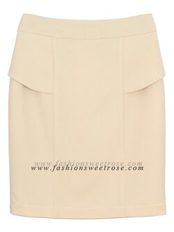 SK-399 กระโปรงทรงสอบ ผ้าโพลีเอสเตอร์สีครีม ด้านข้างกระโปรงออกแบบเป็นผ้าสองชิ้นซ้อนกัน