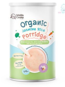 โจ๊กเด็ก ข้าวกล้องหอมมะลิ,ข้าวไรซ์เบอรี่ผสมบล็อกโคลี่และแครอทออร์แกนิคกึ่งสำเร็จรูป Mama Cooks อาหารเด็ก 6m+ นน.180 กรัม