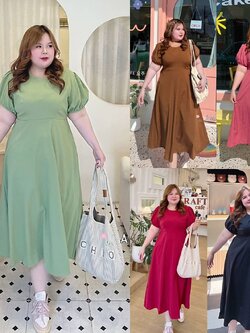 ชุดเดรสคนอ้วน ชุดเดรสสาวอวบ พลัสไซส์ ชุดเดรสผ้าครัช เรียบเก๋ ดูดี อกได้ถึง52 มี5สี ฟรีไซส์