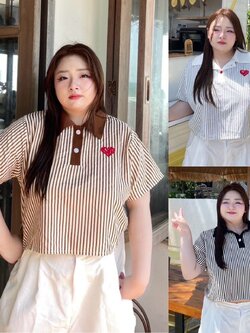 J110 เสื้อครอป คอปก สาวอวบ ดำ น้ำตาล ขาว อก38-48นิ้ว