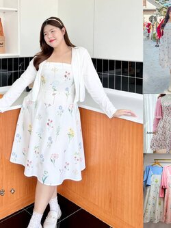 A165 เดรส สาวอวบ สม็อคหลัง มาพร้อมเสื้อคลุมจะรับเดรสอย่างเดียวก็ได้ ขาว ชมพู ฟ้า อก40-50นิ้ว