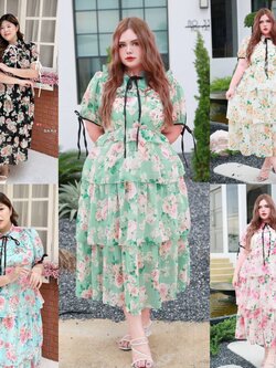 A223 แม็กซี่เดรส สาวอวบ งานกระโปรงซ้อนชั้น ดำ ออฟไวท์ ฟ้า โอรส เขียว อก42-52 นิ้ว