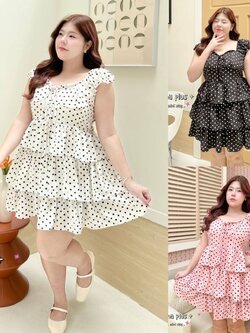 A243 เดรส สาวอวบ กระโปรงซ้อนชั้น ขาว ดำ ชมพู อก42-52