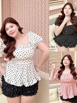 A231 เสื้อสาวอวบ Plus size ลายจุด แขนตุ๊กตา ดำ ขาว ชมพู อก 40-50นิ้ว