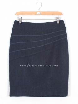 SK-425 กระโปรงแฟชั่น&ทำงาน ทรงสอบ ปักลายก้างปลา ผ้าคอตต้อนลินินไอริสสีน้ำเงิน