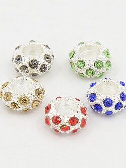 ลูกปัดยุโรปรูใหญ่ ทรง rondelle เงินประดับพลอย rhineston แพ็ค 3 เม็ด