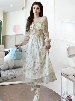 N010 เดรส ออกงาน ผ้าชีฟอง สม็อคหลัง อก34-40 นิ้ว เหลือง อก30-40