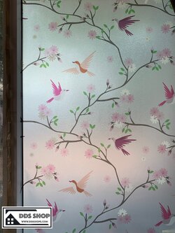 Size 90cm x 100cm : PVC สุญญากาศติดกระจก "กิ่งไม้กับนก" สั่งมากกว่า 1m ตัดความยาวต่อเนื่อง
