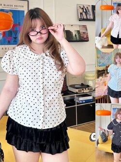 J139 เสื้อสาวอวบ ลายจุด แขนตุ๊กตา มีเชือกพูกหลัง ขาว ชมพู ฟ้า ดำ อกได้ถึง48นิ้ว หน้าผ้า50นิ้ว