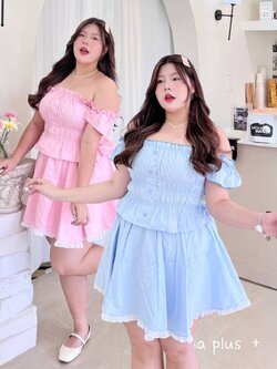 A213 ชุดเซ็ทสาวอวบ 2ชิ้น เสื้อมาพร้อม กระโปรง อกได้ถึง50นิ้ว หน้าผ้า52นิ้ว ฟ้า ชมพู อก 40-50นิ้ว