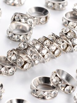 ตัวคั่น(spacer)ลูกปัดยุโรปเนื้อทองเหลืองสีเงินเกรดA พลอยrhinestoneขาว ขนาด10มม หนา4มม. รู4มม. 100 อัน พรีออเดอร์