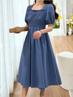 N009 เดรส สม็อครอบอก ใส่เที่ยว ใส่ออกงานหรือจะใส่คลุมท้องก็น่ารัก กรมท่า อก 30-38 นิ้ว