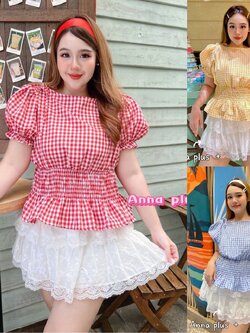 A241 เสื้อสาวอวบ Plus size ลายสก็อต เอวสม็อครอบตัว ฟ้า เหลือง แดง อกได้ถึง50 นิ้วหน้าผ้า52นิ้ว