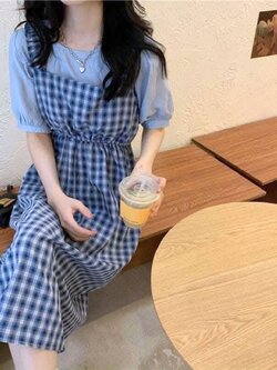 N008 เซ็ท2ชิ้น เอี๊ยมกระโปรงมาพร้อมเสื้อคอกลมแขนสั้น อก30-36นิ้ว หน้าผ้า38 นิ้ว เทาอมฟ้า อก30-36นิ้ว หน้าผ้า38 นิ้ว