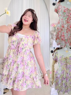 A211 เดรส สาวอวบ ซิบหลัง ผ้าชีฟอง กระโปรงซ้อนชั้น ดอกส้ม ดอกม่วง อก 40-52นิ้ว