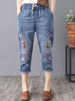 JPNT-004 กางเกงยีนส์ขายาว 5 ส่วน ปักลายดอกไม้ เอวยางยืด เนื้อผ้านิ่มไม่หนา