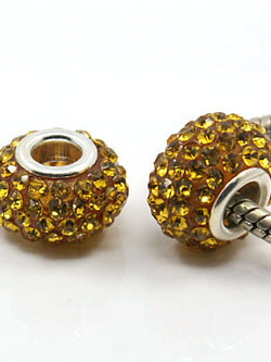 ลูกปัดยุโรปรูใหญ่ rondelle เรซิ่นประดับพลอย rhinestone สีเหลือง ขนาด 15x9 มม. รู 5 มม. 1 เม็ด