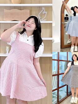 A058 เดรสสาวอวบ ลายสก็อตมาพร้อมเสื้อเชิตแขนจั็ม สีขาว อกได้ถึง50 มี3สี ฟรีไซส์ อกได้ถึง52
