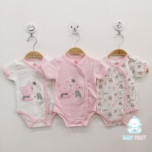 เซ็ตบอดี้สูทแขนสั้นขาเว้ากระดุมหน้าสีชมพูหมีดาว 3ตัว